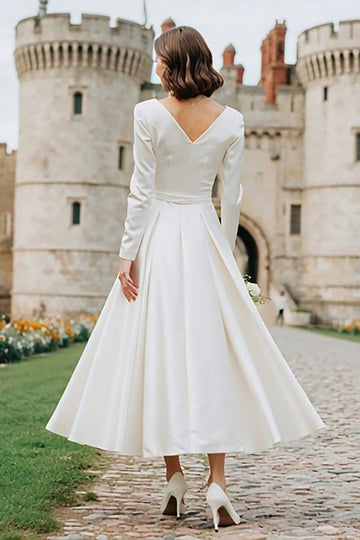 Ivory A Line Bateau Neck Long Engagement Dress with Long Sleeves